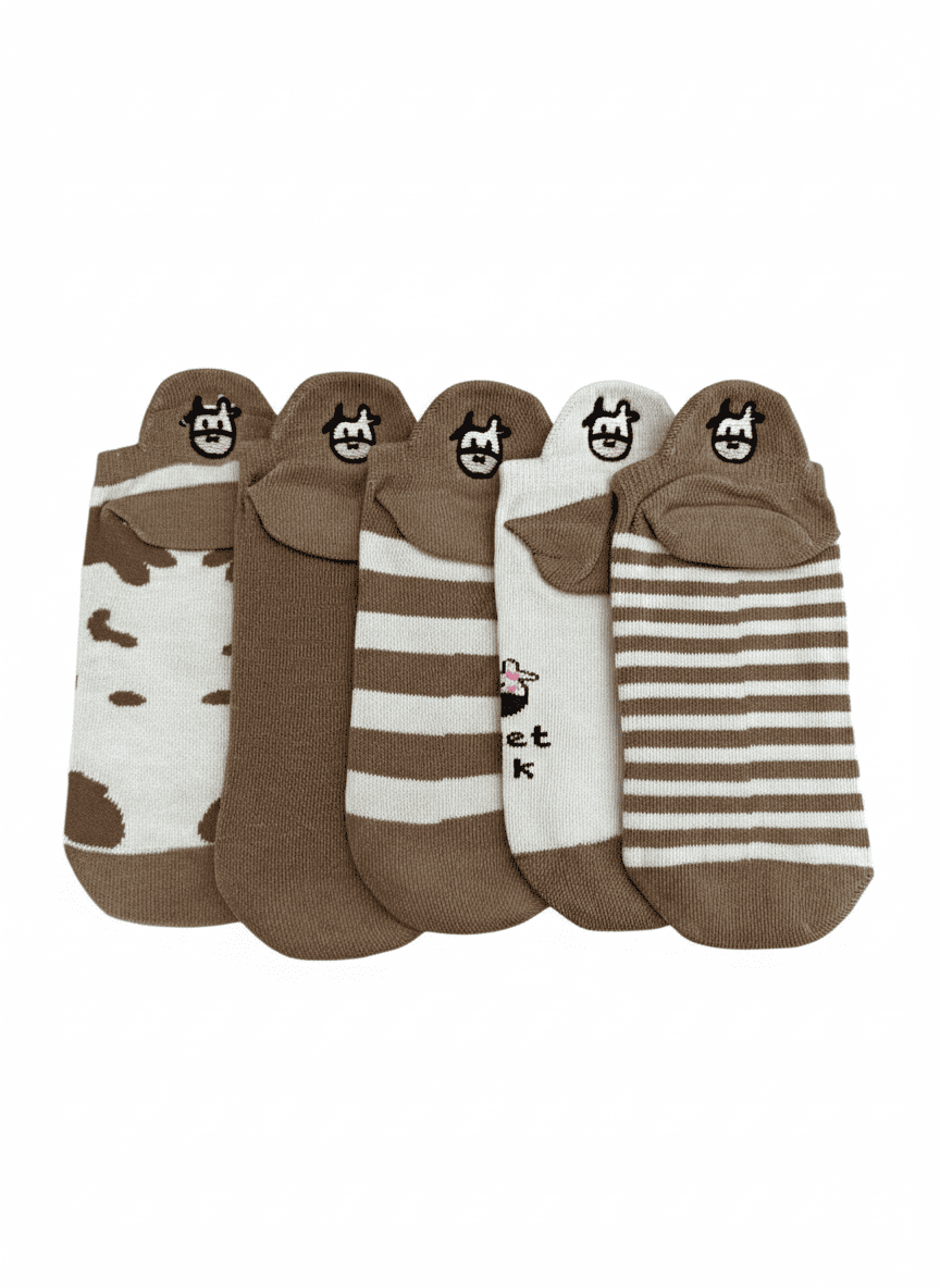Meias Vaquinha Marrom Bordadas - 5 pares