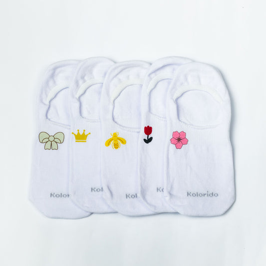 Meia Casual Invisível Branca Desenhadas - 5 pares