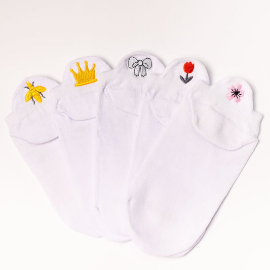 Meias Casual Branca Bordadas - 5 pares