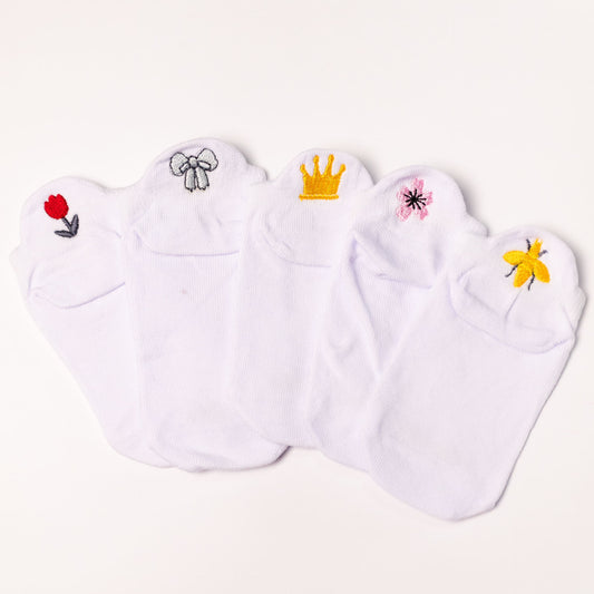 Meias Casual Branca Infantil Bordadas - 5 pares