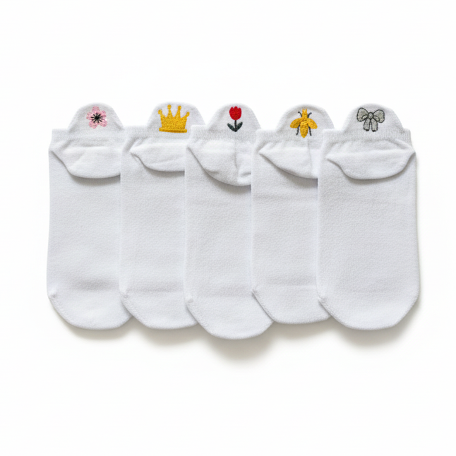 Meias Casual Branca Bordadas - 5 pares