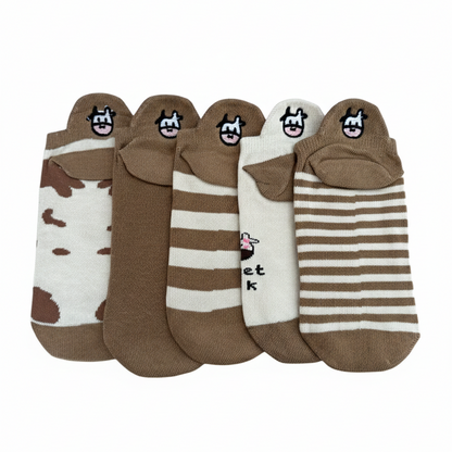 Meias Vaquinha Marrom Bordadas - 5 pares
